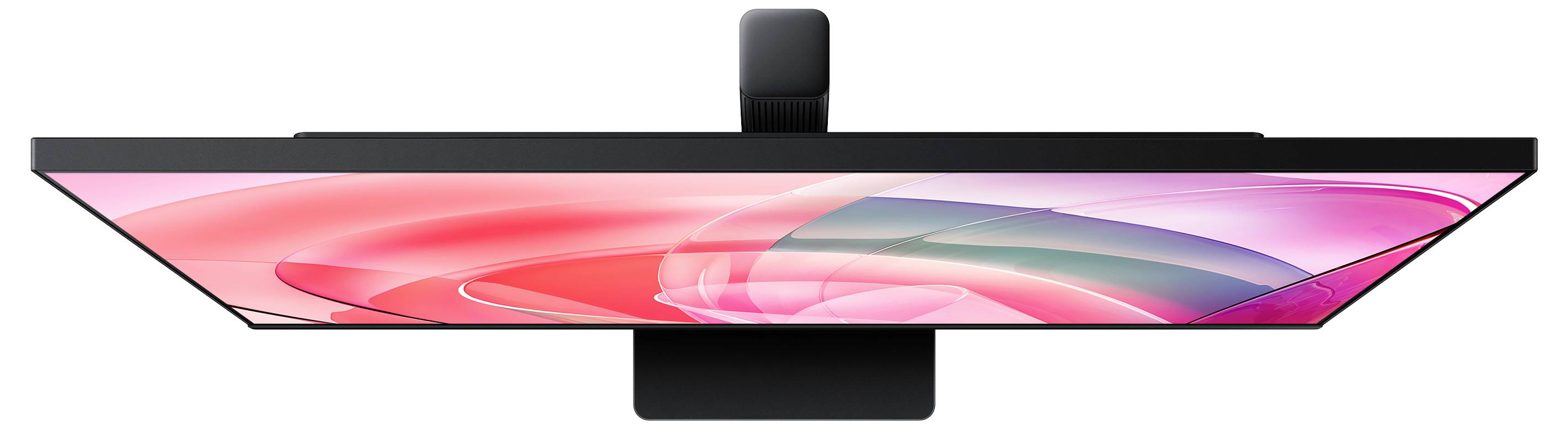 Boční pohled na monitor s plochou obrazovkou s růžovým abstraktním zobrazením, zobrazený s centrálním stojanem.