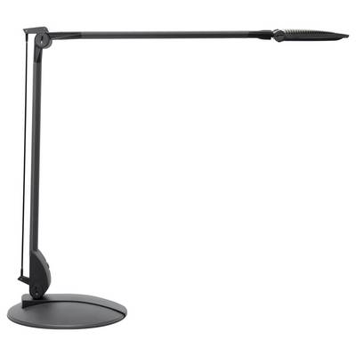 Černá nastavitelná stolní lampa s kulatým podstavcem a dlouhým horizontálním ramenem, zobrazená na bílém pozadí.