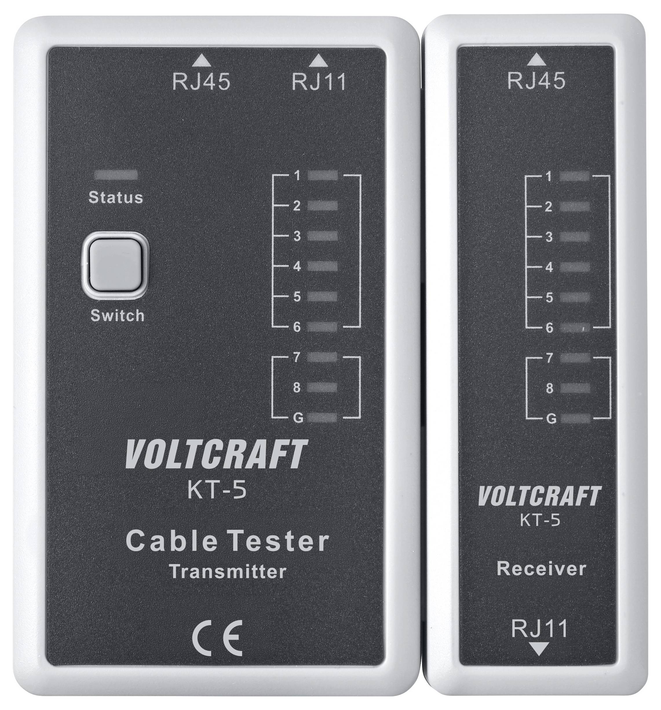 VOLTCRAFT KT-5 sada testeru kabelů s jednotkami vysílače a přijímače, označené RJ45 a RJ11, ukazující indikátory stavu a přepínač.
