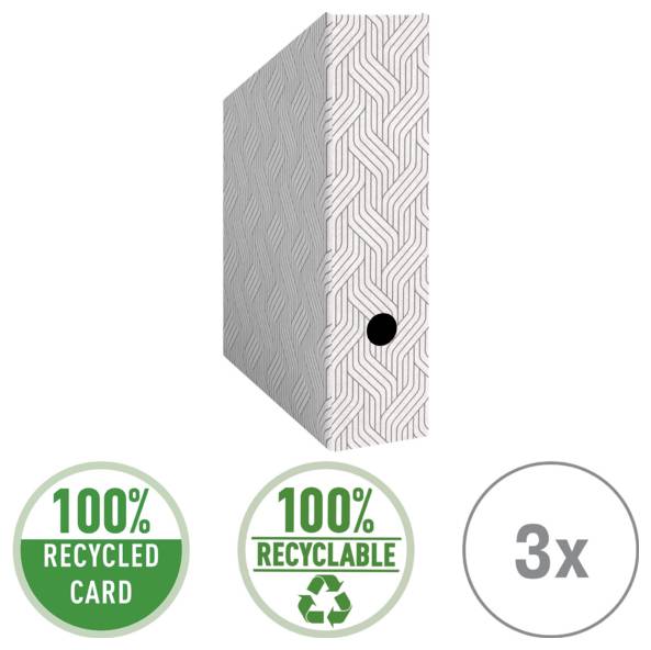 Vzorovaná lepenka zobrazená jako 100% recyklovaný karton, 100% recyklabilní a 3x.