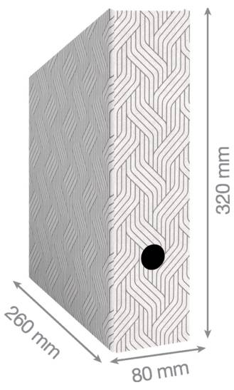 Trojrozměrný obdélníkový textúrovaný blok s rozměry 320 mm vysoký, 80 mm široký a 260 mm hluboký; černá tečka označuje bod na přední straně.