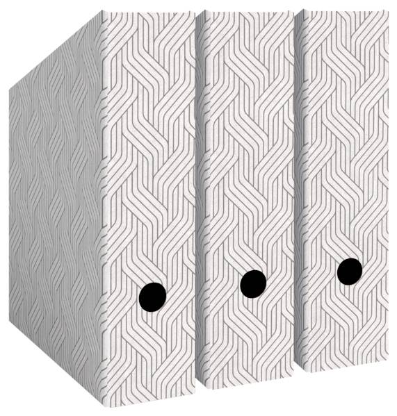 Dekorativní skládací paraván nebo přepážka místnosti se geometrickými šedobílými panely a černými kruhovými úchyty, zobrazená v bočném pohledu.