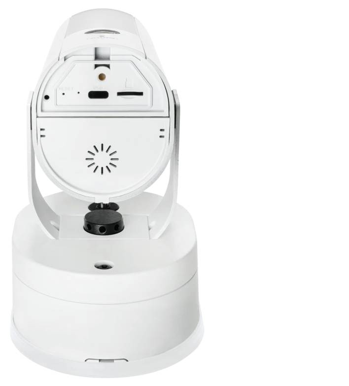 Bílé roboty zařízení nebo kamera namontovaná na kulaté podstavě, zobrazená v přední pohledu na jednoduchém pozadí.