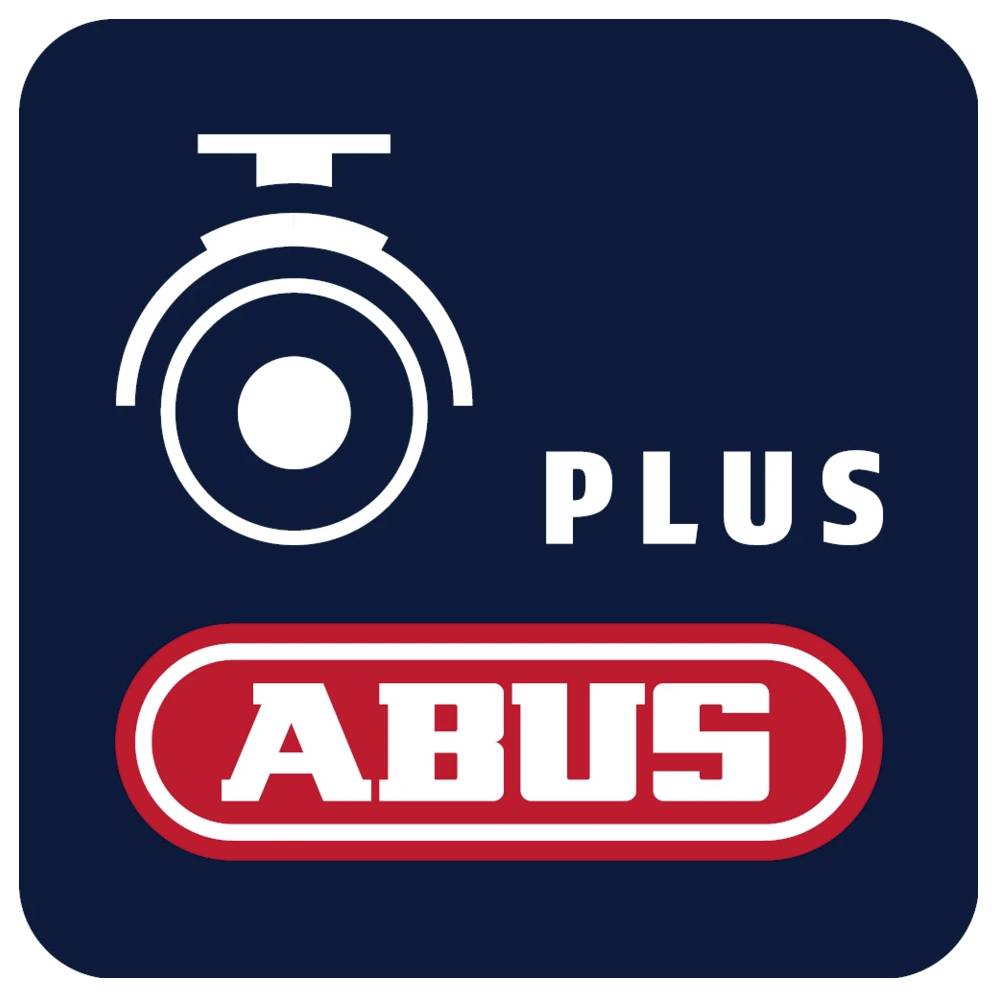 ABUS Plus logo na tmavě modrém čtverci, s bílou ikonou zámku a slovem „PLUS" nad červeným logem ABUS.