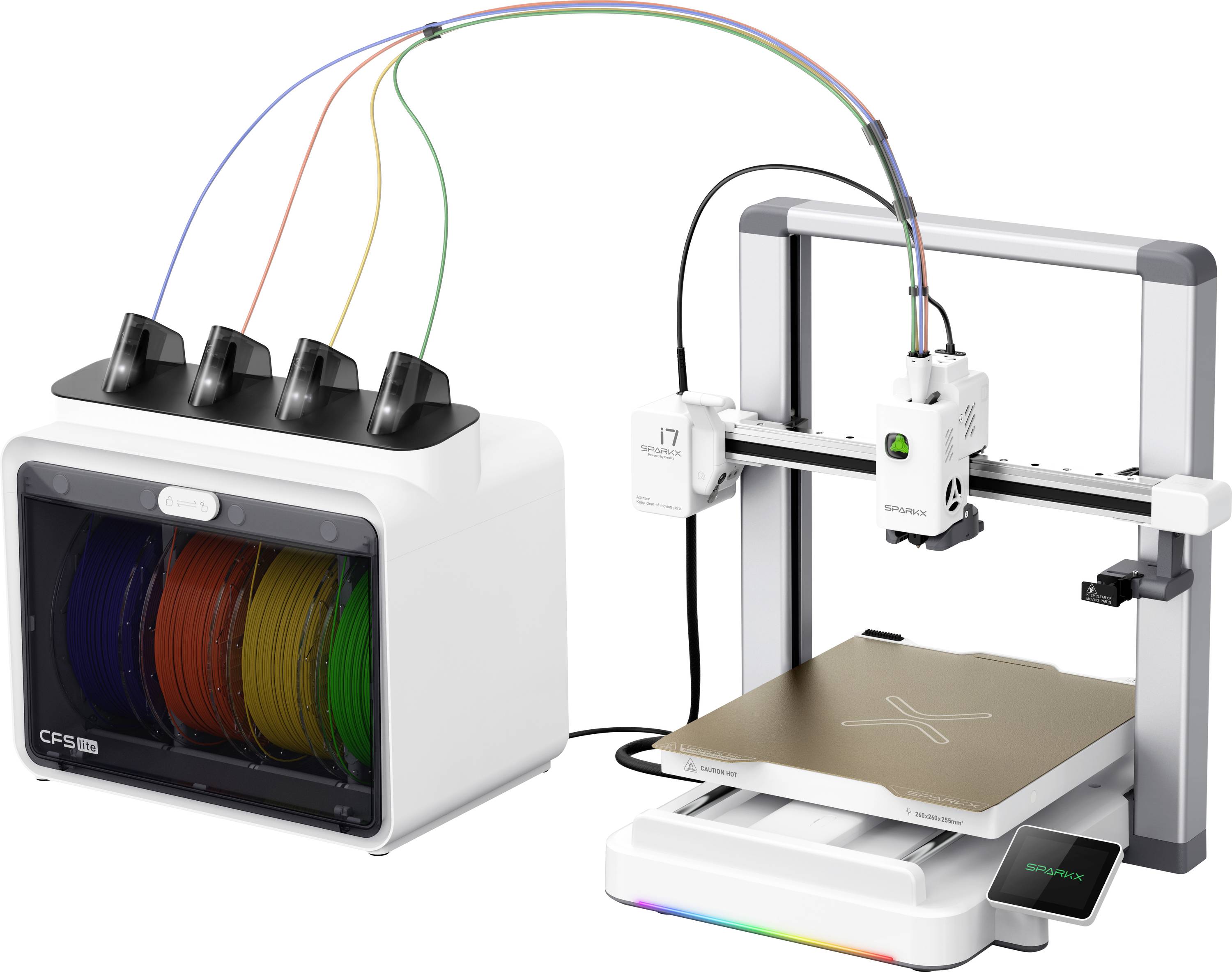 Tiskárna 3D s více barvami s podavačem vlákna a tiskovou hlavicí tiskující na čtvercové tiskové desce.