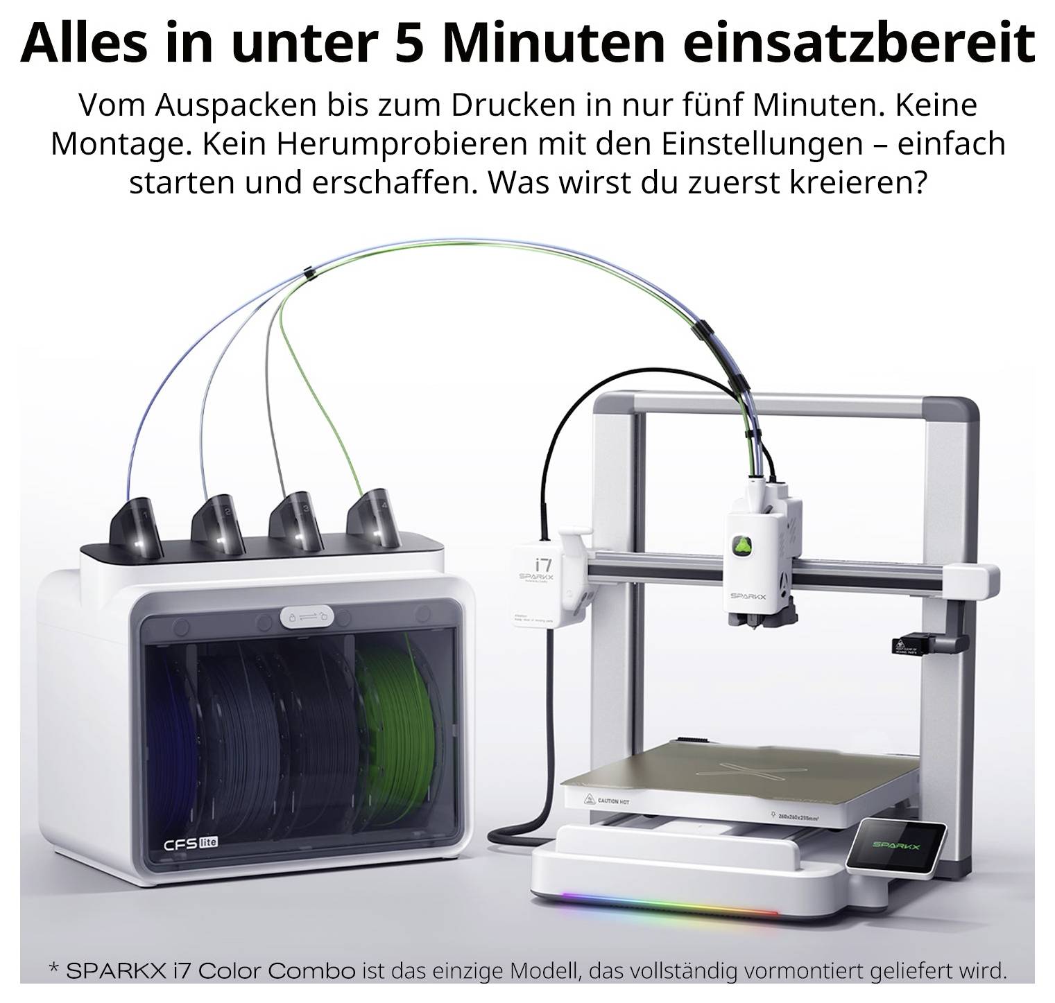 Reklama na předmontovanou 3D tiskárnu s barevným modulem; text zdůrazňuje připravenost k použití za méně než 5 minut bez montáže.