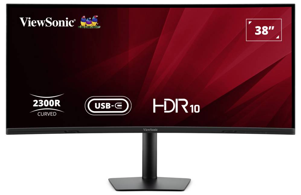 ViewSonic 38palcový zakřivený monitor s USB-C a HDR10, zobrazen na stojanu proti bílému pozadí.