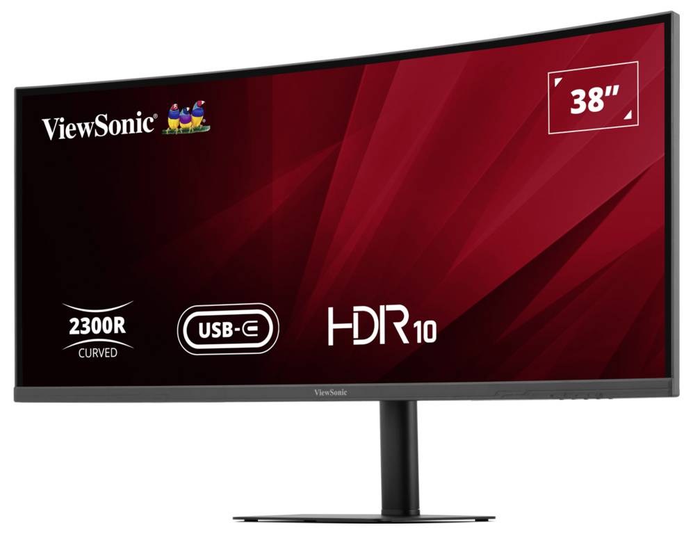 ViewSonicův 38palcový zakřivený monitor na stojanu, zobrazen z přední strany s červenou grafikou obrazovky a štítky: 2300R, USB-C a HDR10.