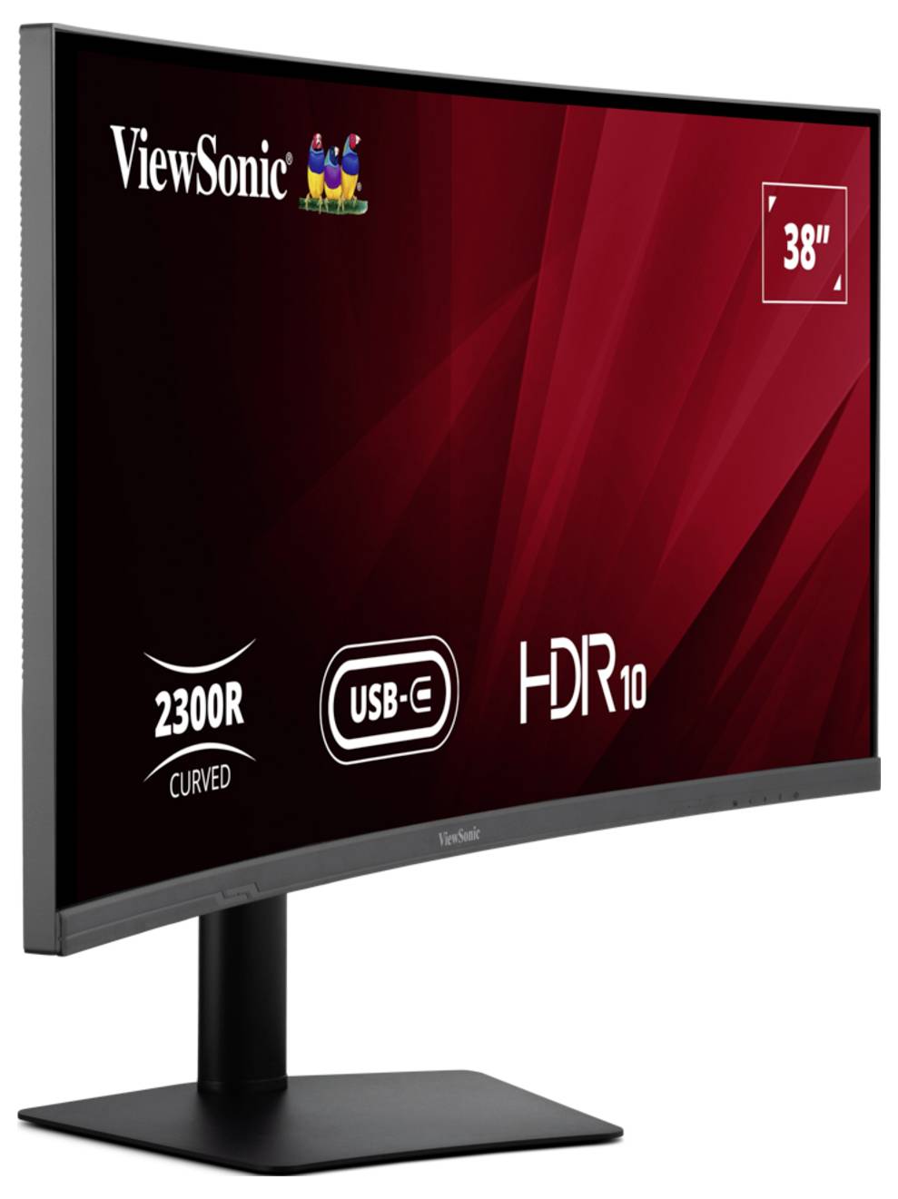 ViewSonicův zakřivený 38palcový monitor na stojanu s popisky pro zakřivení 2300R, USB-C a HDR10.
