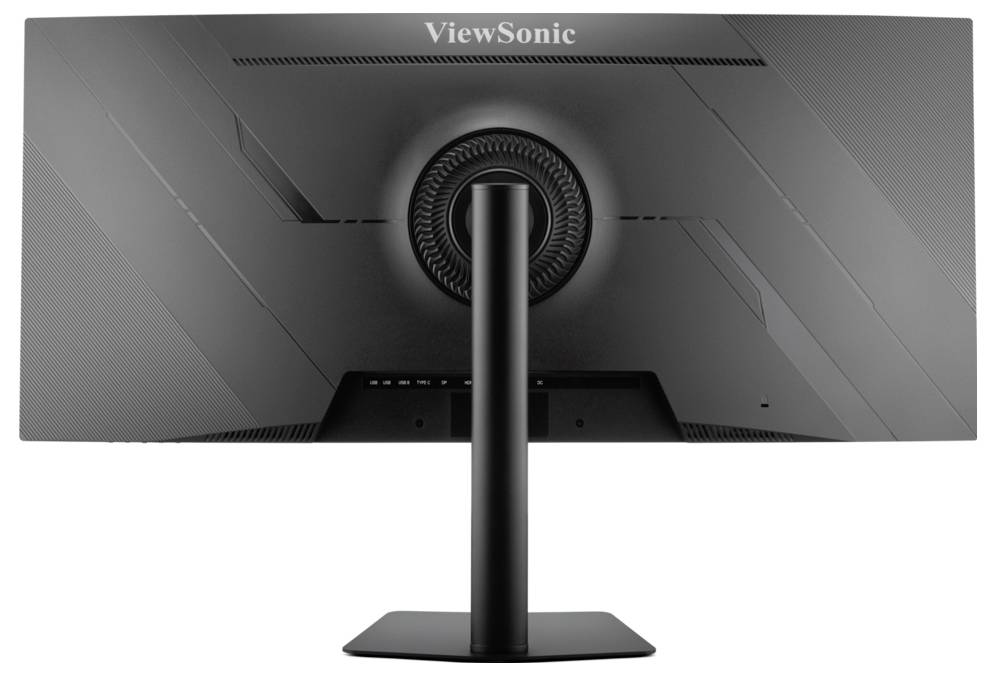 Zadní pohled na počítačový monitor ViewSonic na stojanu, zobrazující zadní panel a centrální oblast správy kabelů.