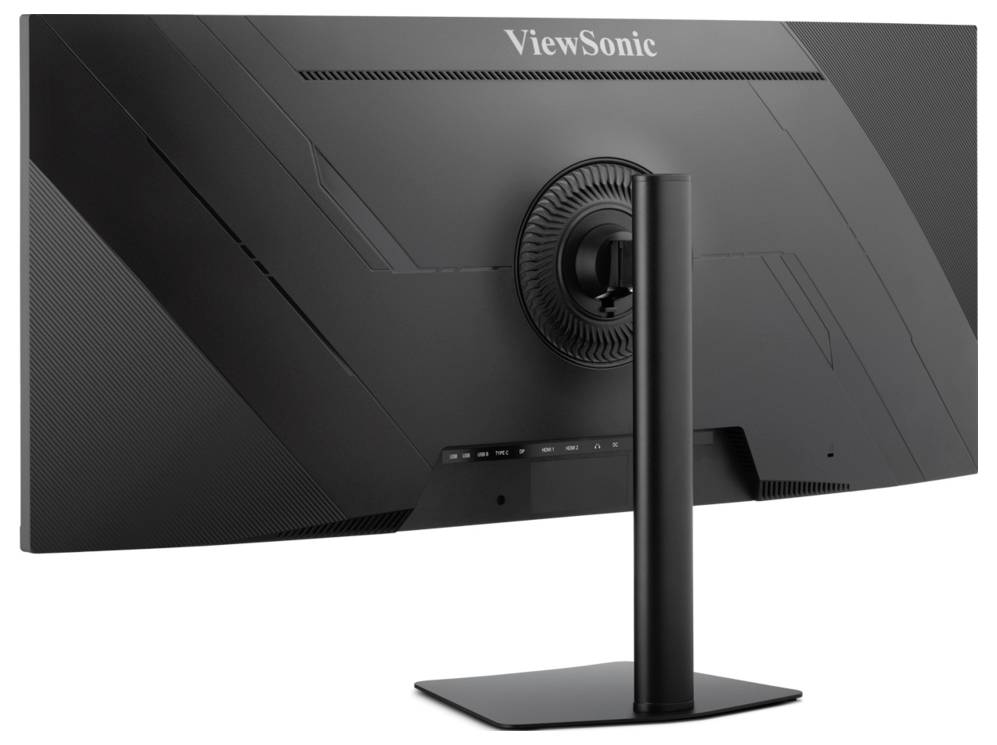 Zadní pohled na monitor ViewSonic na stojanu, zobrazující zadní panel a centrální připevnění