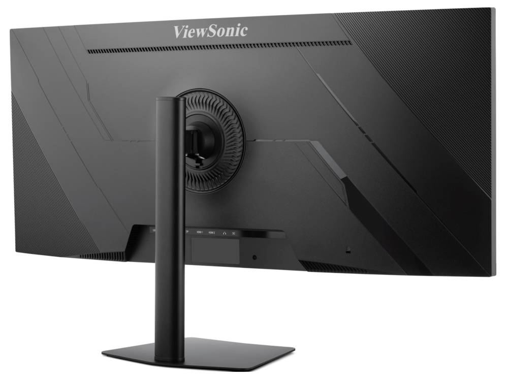 Zadní pohled na desktopový monitor ViewSonic na černém stojanu, ukazující centrální upevnění a vzor ventilace.