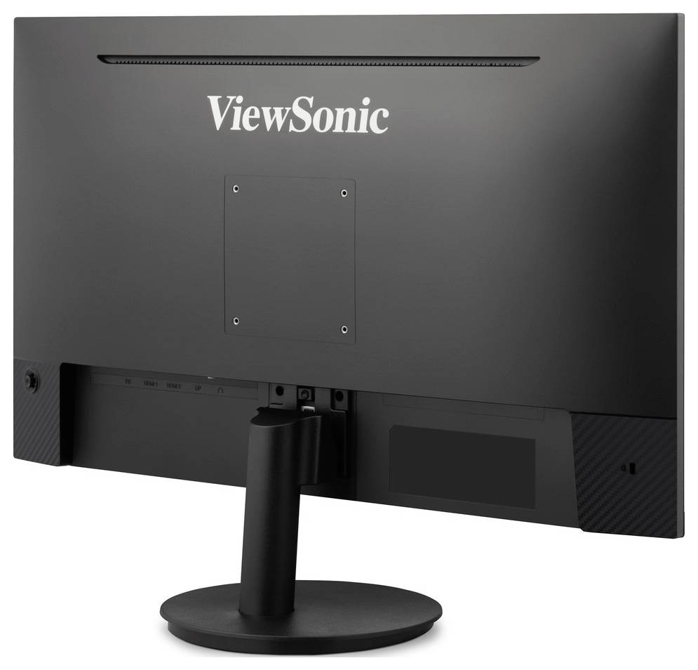 Zadní pohled na monitor ViewSonic na kulatém stojanu, zobrazující zadní panel a montážní plochu.