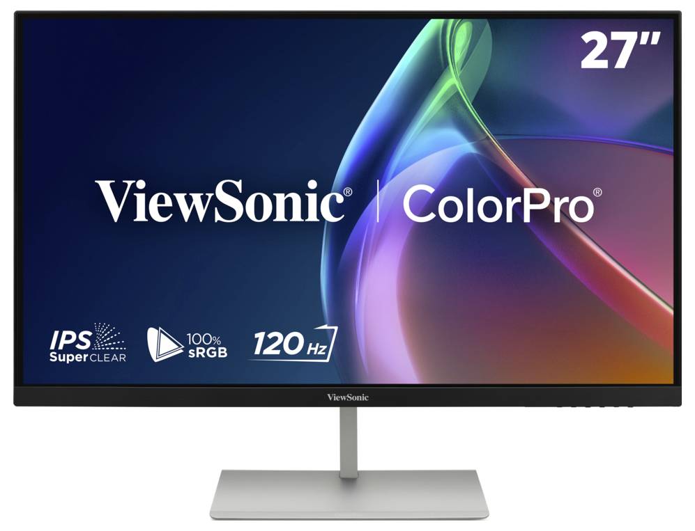 ViewSonic ColorPro 27palcový monitor zobrazený zepředu s zvýrazněnými funkcemi IPS SuperClear, 100% sRGB a 120 Hz.