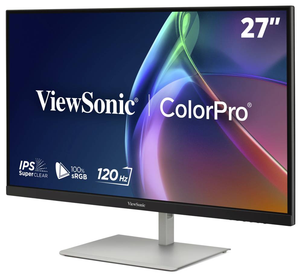 Monitor ViewSonic ColorPro 27 palců IPS s frekvencí 120 Hz a 100% sRGB na stříbrném stojanu.