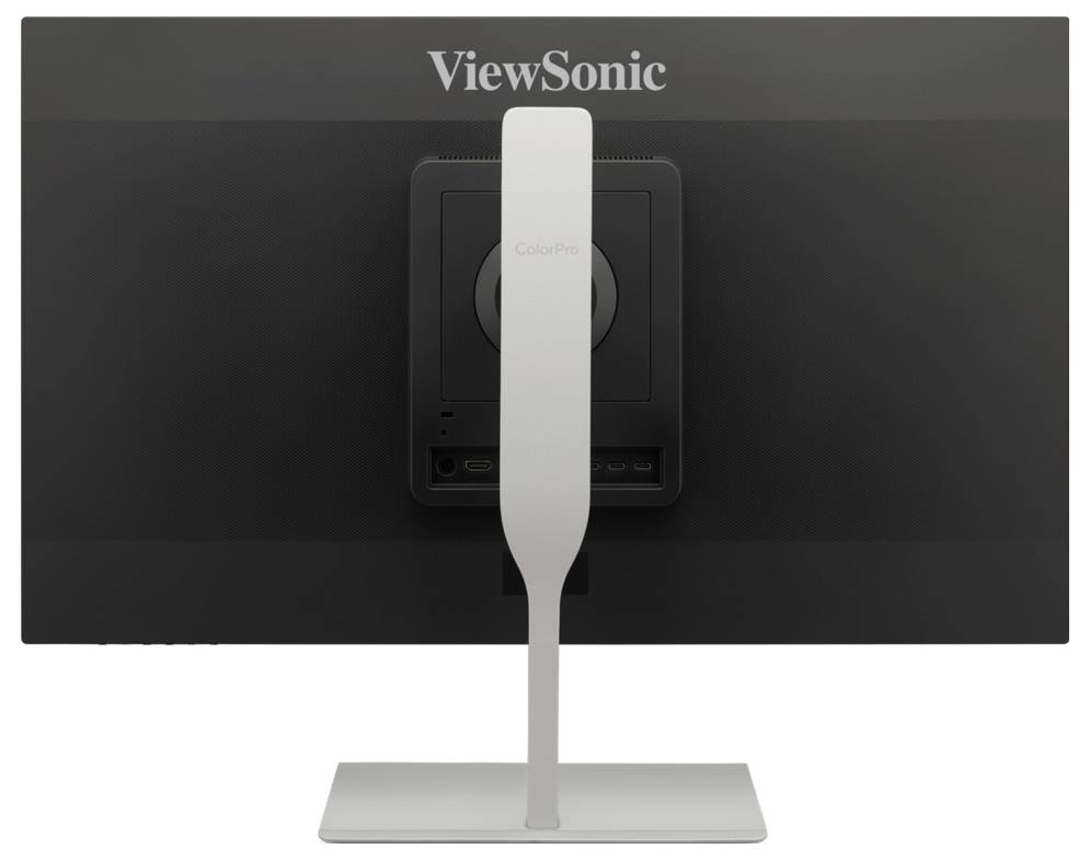 Zadní pohled na monitor ViewSonic se středovým stříbrným stojanem a podstavcem na bílém pozadí.