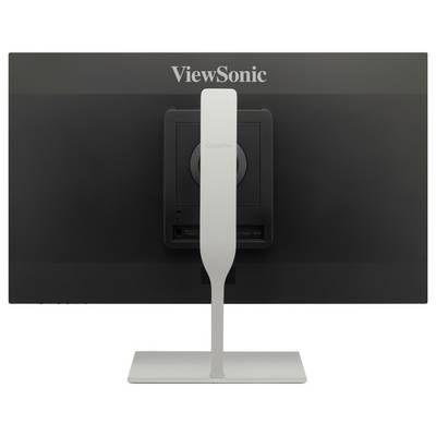 Zadní pohled na monitor ViewSonic se středovým stříbrným stojanem a podstavcem na bílém pozadí.