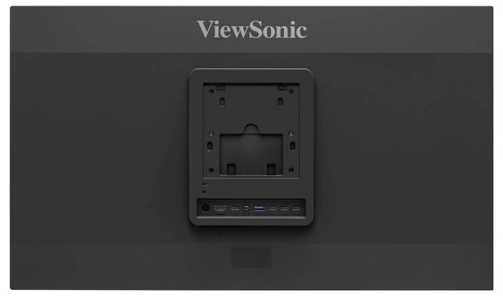 Zadní strana monitoru ViewSonic zobrazující centrovanou VESA montáž, řadu vstupních portů a logo ViewSonic nahoře.