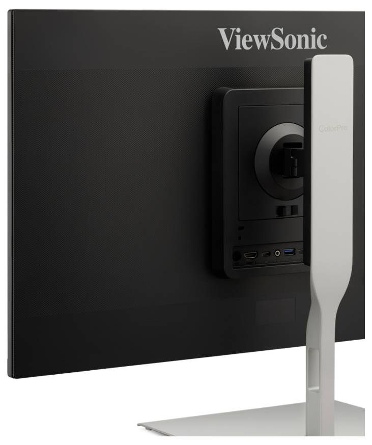 Zadní pohled na monitor ViewSonic ColorPro zobrazující stojan a zadní panel vstupů s konektory a držákem.