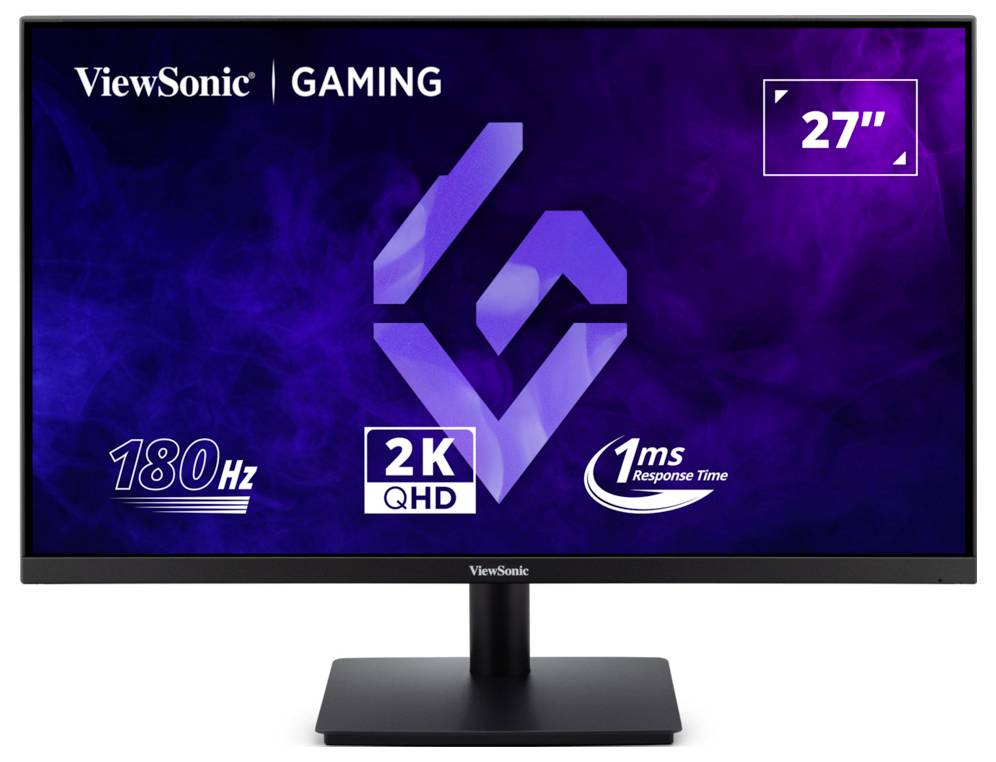 ViewSonic herní monitor zobrazující "27"", "180Hz", "2K QHD" a "1ms Doba odezvy" na purpurově-modrém displeji.