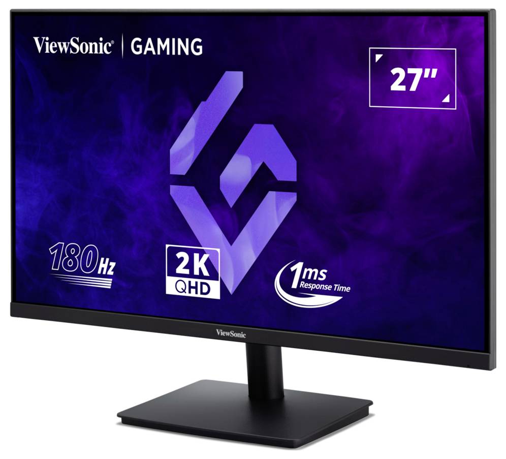 Monitor pro hraní ViewSonic zobrazující „27"", 2K QHD, 180 Hz a dobu odezvy 1 ms na fialovém displeji.
