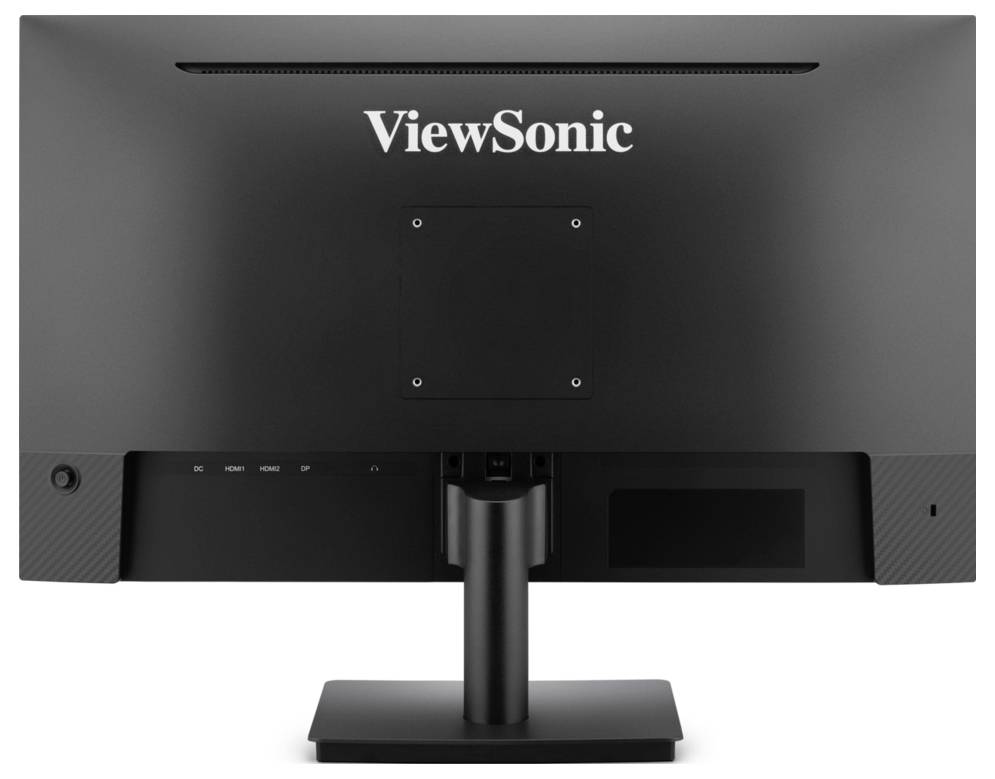 Zadní pohled na stolní monitor ViewSonic na stojanu, ukazující oblast pro připevnění VESA, porty kabelů a vestavěnou mřížku reproduktoru.