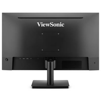 Zadní pohled na stolní monitor ViewSonic na stojanu, ukazující oblast pro připevnění VESA, porty kabelů a vestavěnou mřížku reproduktoru.