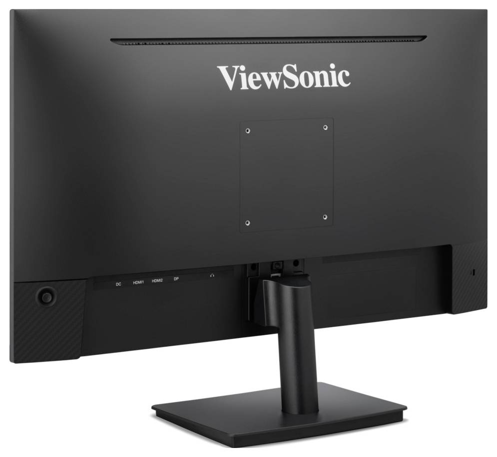 Zadní pohled na monitor ViewSonic na stojanu, který ukazuje logo, VESA montážní desku a porty kabelů.