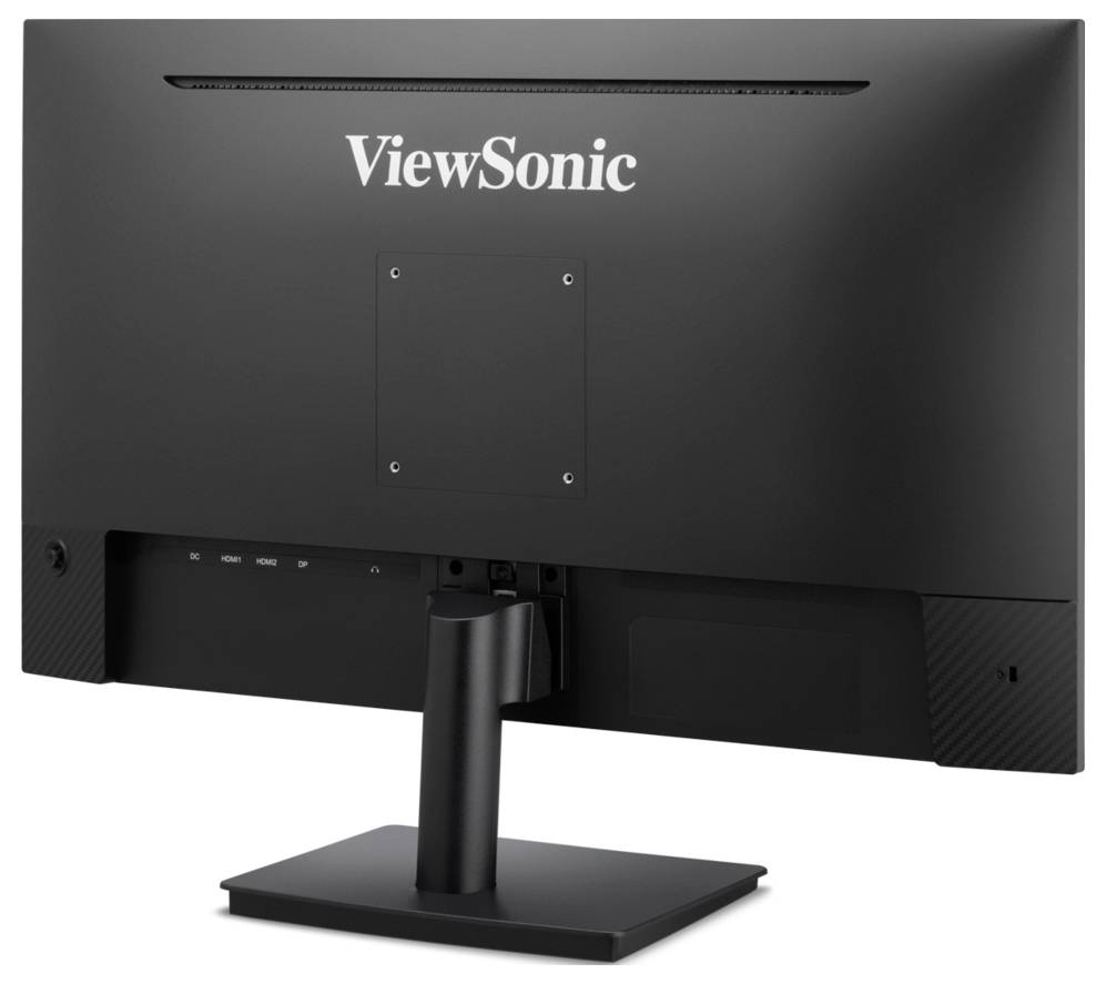 Zadní pohled na černý monitor ViewSonic na stojanu, ukazující zadní panel a porty kabelů.