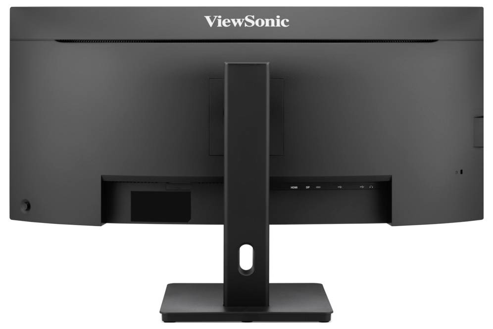 Zadní pohled na černý monitor ViewSonic na stojanu, zobrazující centrální podpěrný sloupek a logo.