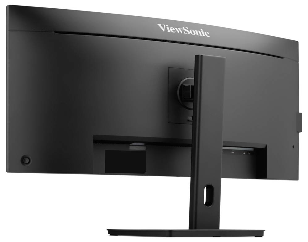 Zadní pohled na zakřiveném monitoru ViewSonic na stojanu, zobrazující zadní držák a otvor pro kabely.