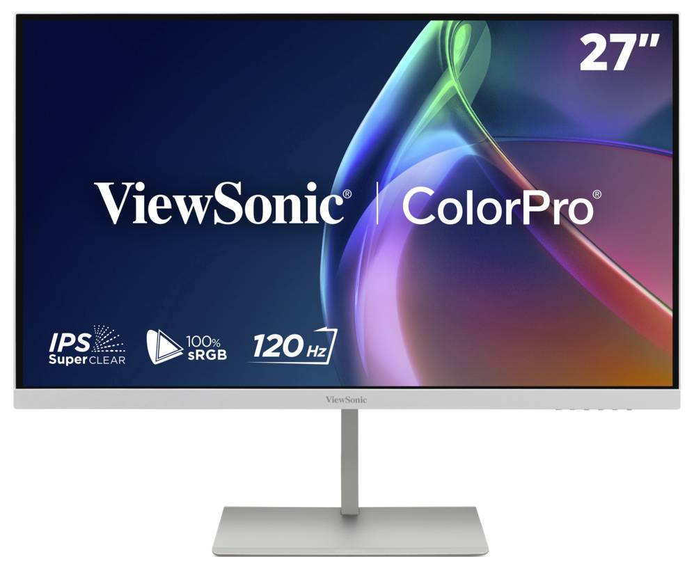 ViewSonic ColorPro 27palcový monitor s IPS SuperClear, 100% sRGB a 120 Hz zobrazený na obrazovce.