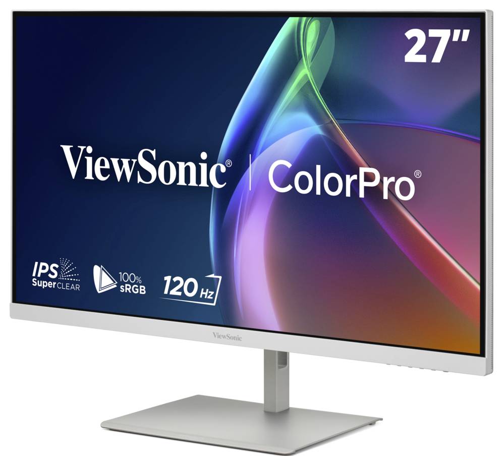 ViewSonic ColorPro 27palcový monitor zobrazený na stojanu s označením IPS SuperClear, 100% sRGB a 120 Hz.