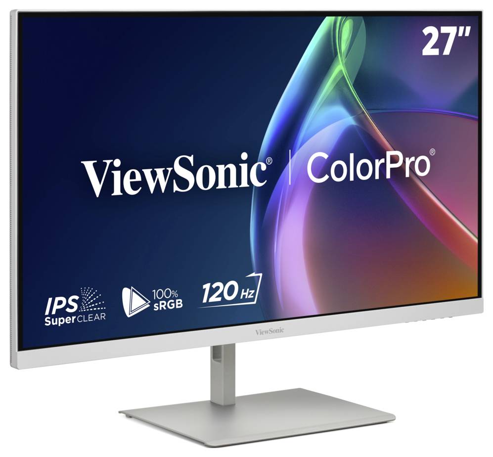 ViewSonic ColorPro 27palcový monitor na stojanu s funkcemi IPS SuperClear, 100% sRGB a 120 Hz zobrazenými na obrazovce.