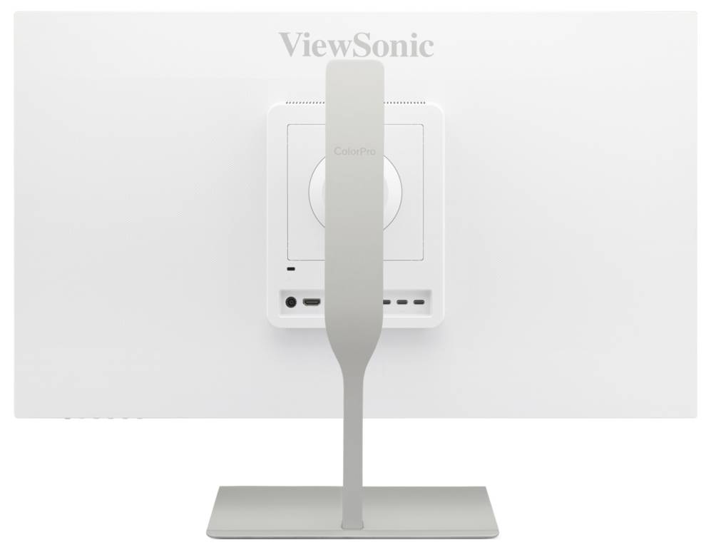 Zadní pohled na monitor ViewSonic ColorPro na stojanu, zobrazující centrální upevnění, zadní panel a zadní porty.