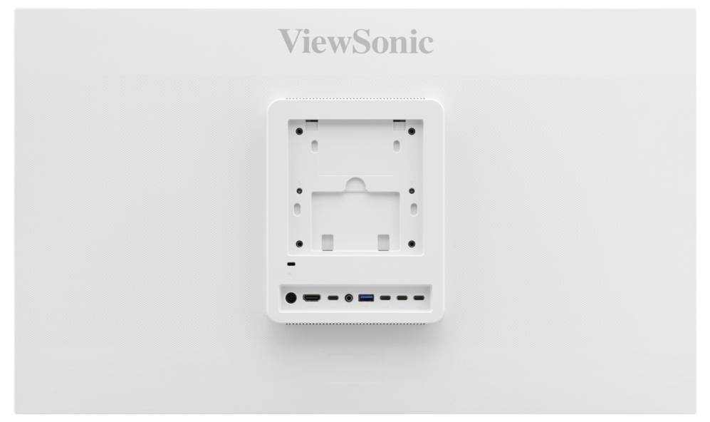 Zadní panel zařízení ViewSonic připevňovaného na stěnu s montážními otvory VESA a řadou portů v dolní části.