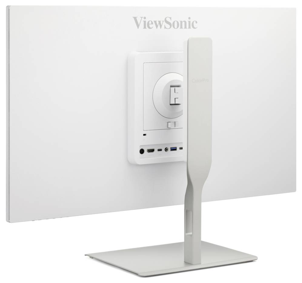Zadní pohled na počítačový monitor ViewSonic zobrazující stojan, centrální držák a vestavěné porty/ovládací prvky na zadní straně.