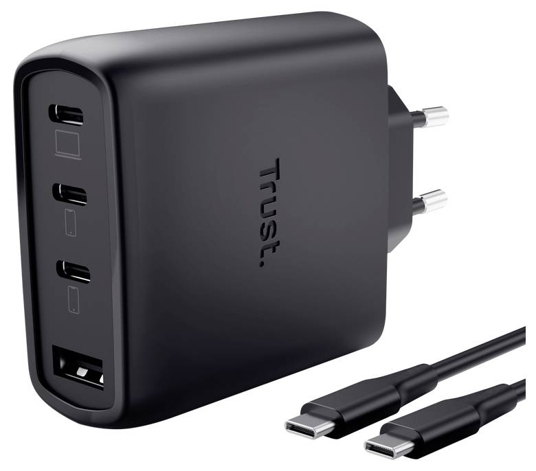 Černá nabíječka Black Trust se třemi porty USB-C a jedním portem USB-A, Plus dva kabely USB-C na bílém pozadí.