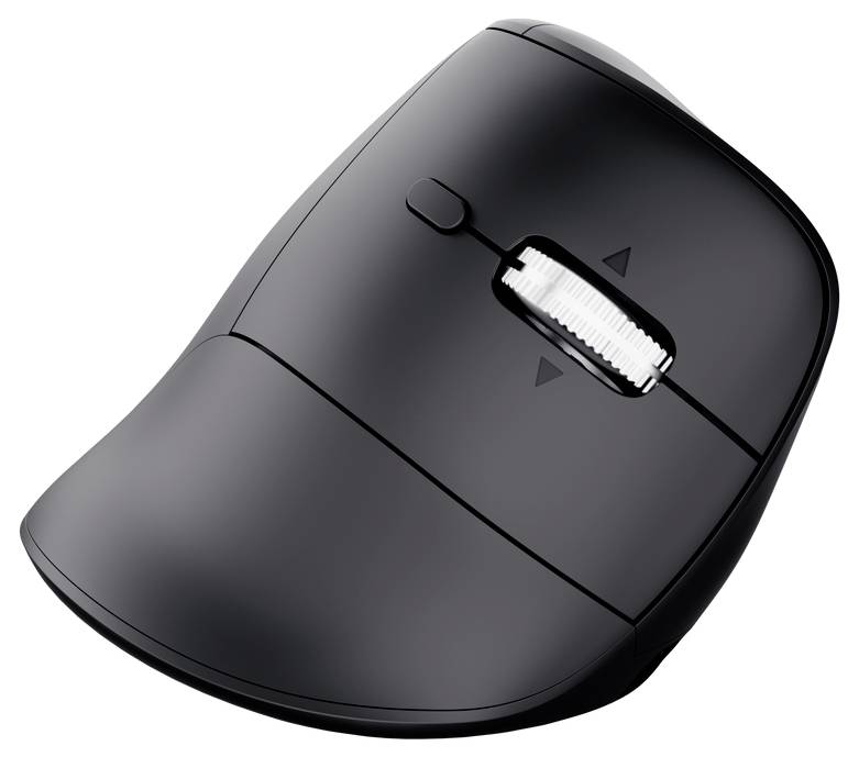 Černá ergonomická počítačová myš se středovým kolečkem pro posun a tlačítkem pro nastavení DPI na vrcholu, zobrazená na bílém pozadí.
