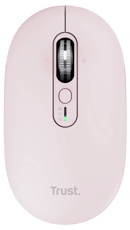 Bezdrátová myš Pink Trust se středovým kolečkem pro scroll, tlačítkem a indikátory stavu baterie.