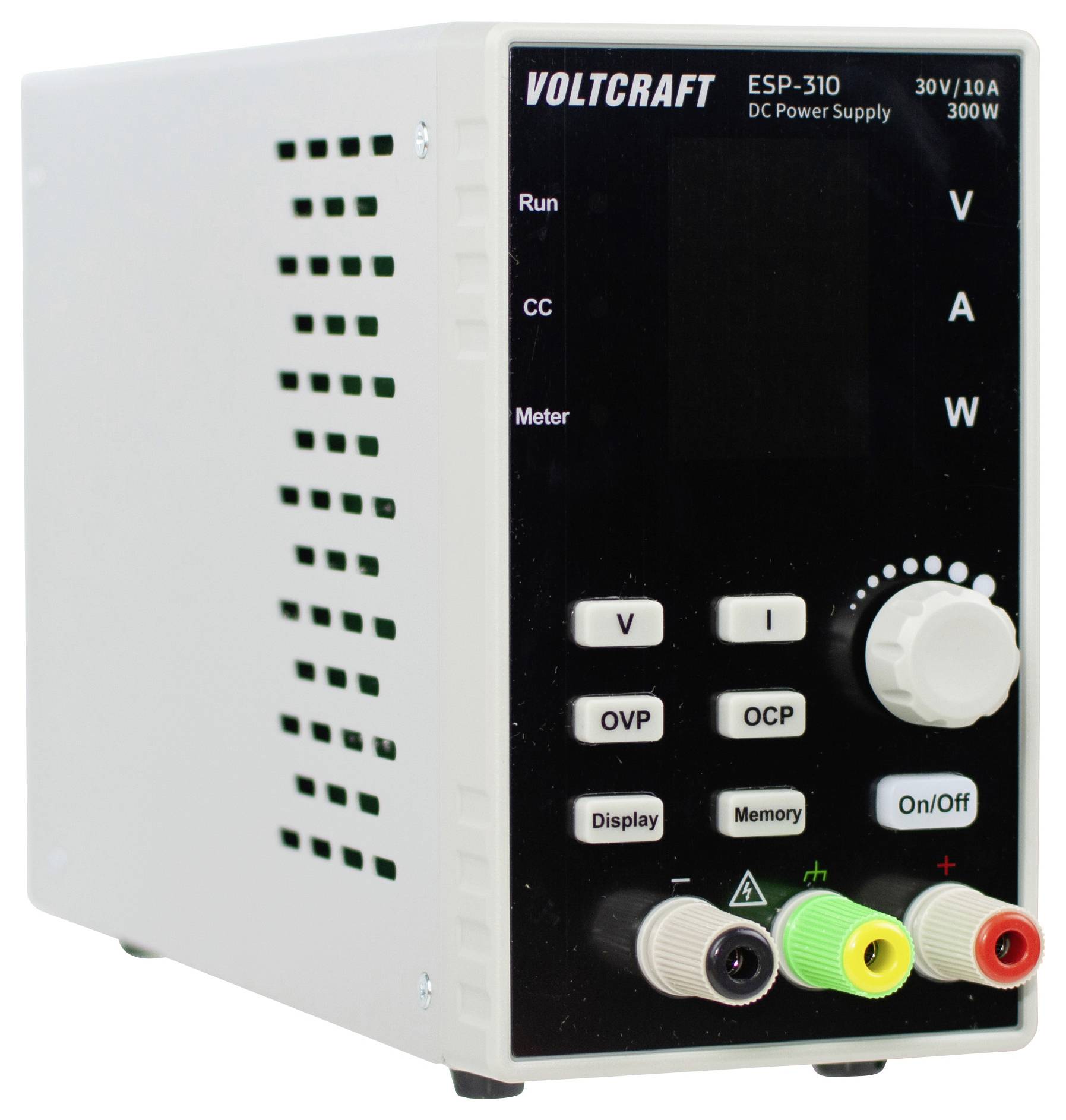 Přední pohled na stejnosměrný zdroj napájení VOLTCRAFT ESP-310 s displejem, ovládacím knoflíkem, funkčními tlačítky a barevně označenými výstupními svorkami.