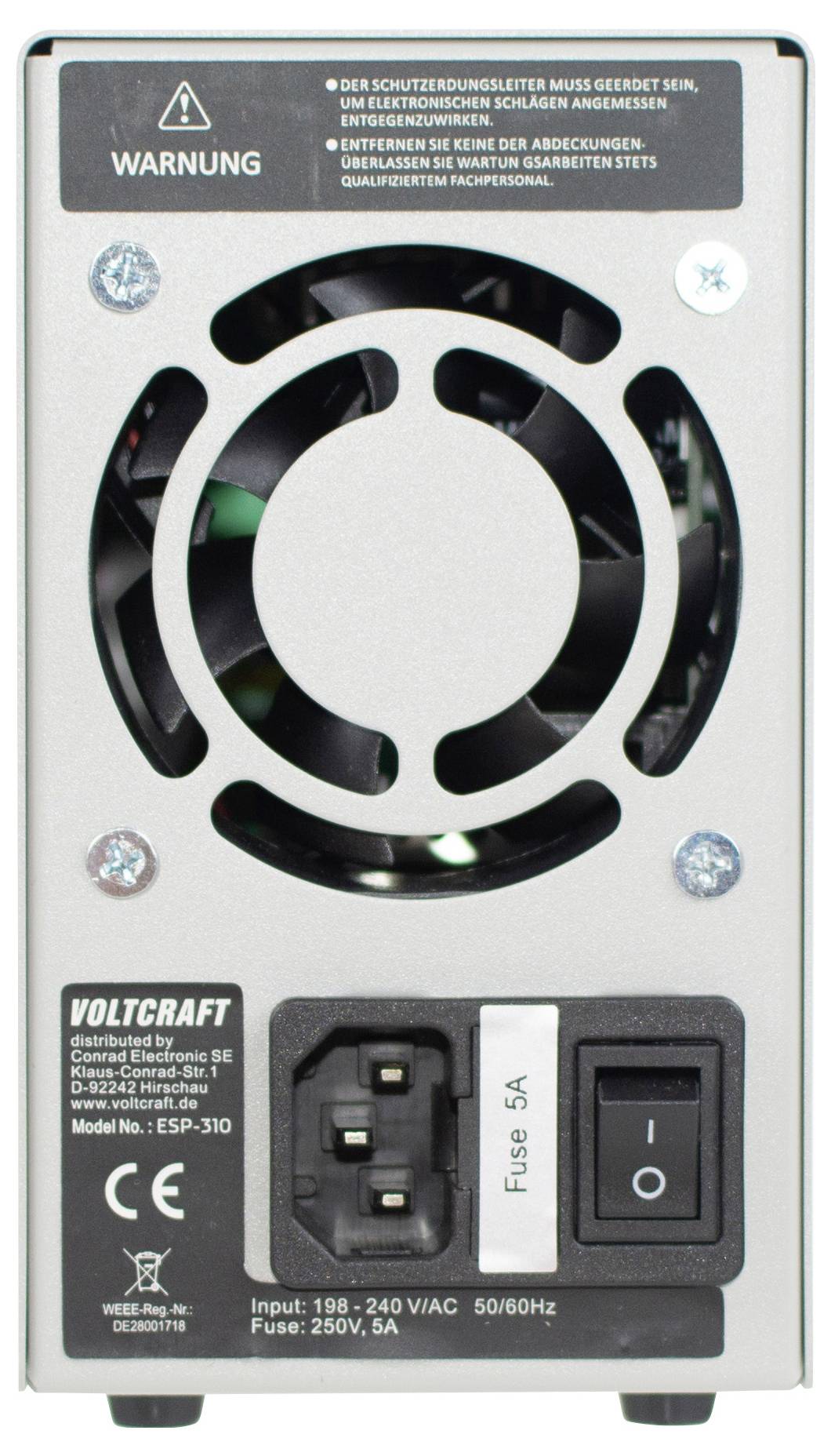 Zadní pohled na zdroj napájení VOLTCRAFT s chladícím ventilátorem, varovným štítkem, pouzdrem pojistky, specifikacemi vstupu a vypínačem zapnuto/vypnuto.