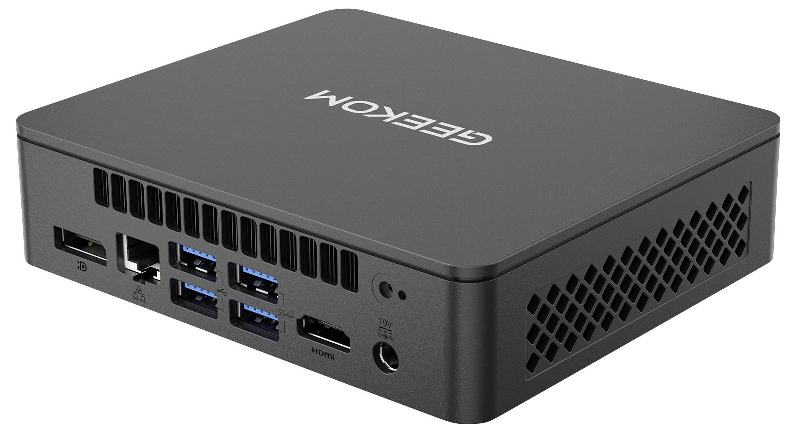 Kompaktní černý mini PC Geekom se přední porty USB, Ethernet a audio jack zobrazený v úhlovém pohledu produktu.