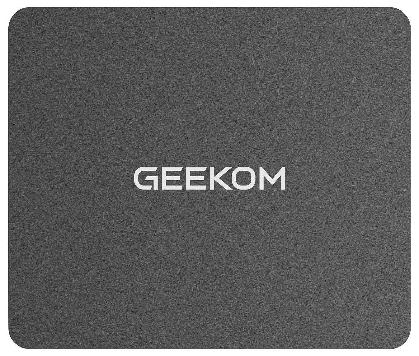 Logo GEEKOM v šedé barvě vycentrované na jednoduchém obalu zařízení nebo obalu produktu se zaoblenými rohy čtverce.