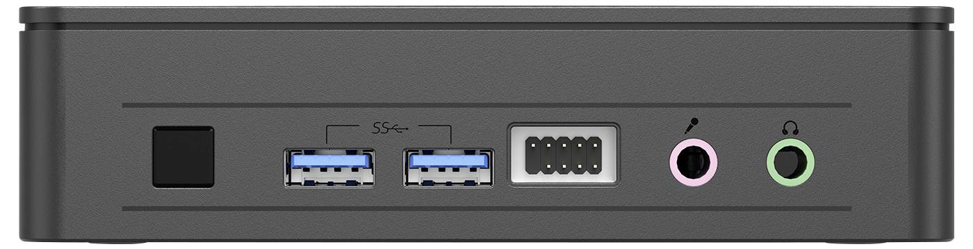 Přední pohled na černé zařízení se spínačem napájení, dvěma porty USB 3.0, čtyřkolíkovým konektorem a růžovým a zeleným audio jackem.