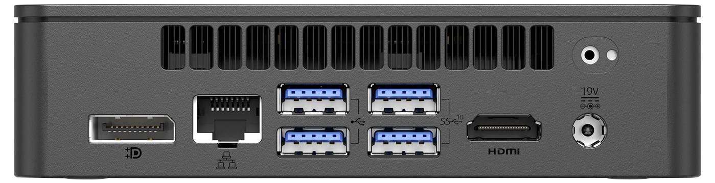 Zadní panel kompaktního počítače ukazující DisplayPort, Ethernet, čtyři porty USB, HDMI, vstup napájení a otevírání ventilace.