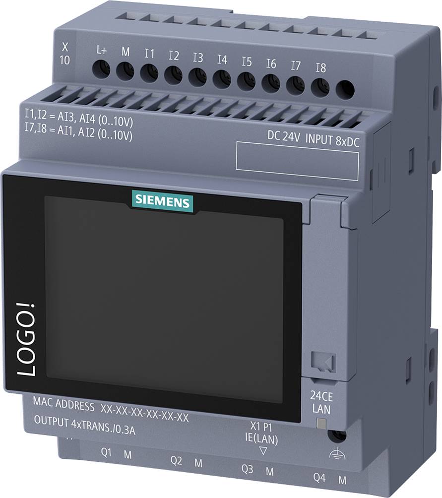 Siemens LOGO! průmyslový modul řadiče se označenými svorkami pro 24V DC vstup, LAN a čtyři výstupy.