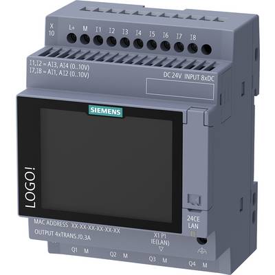 Siemens LOGO! průmyslový modul řadiče se označenými svorkami pro 24V DC vstup, LAN a čtyři výstupy.