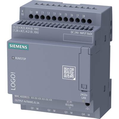 Siemens LOGO! PLC modul s 8 DC vstupy a napájením 24V, označenými svorkami a připojením LAN.