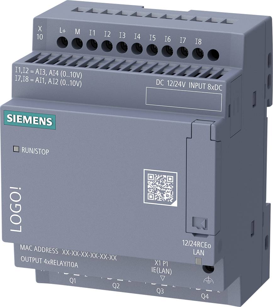 Siemens LOGO! programovatelný logický regulátor s označenými vstupními/výstupními svorkami, indikátorem RUN/STOP, QR kódem a portem LAN.